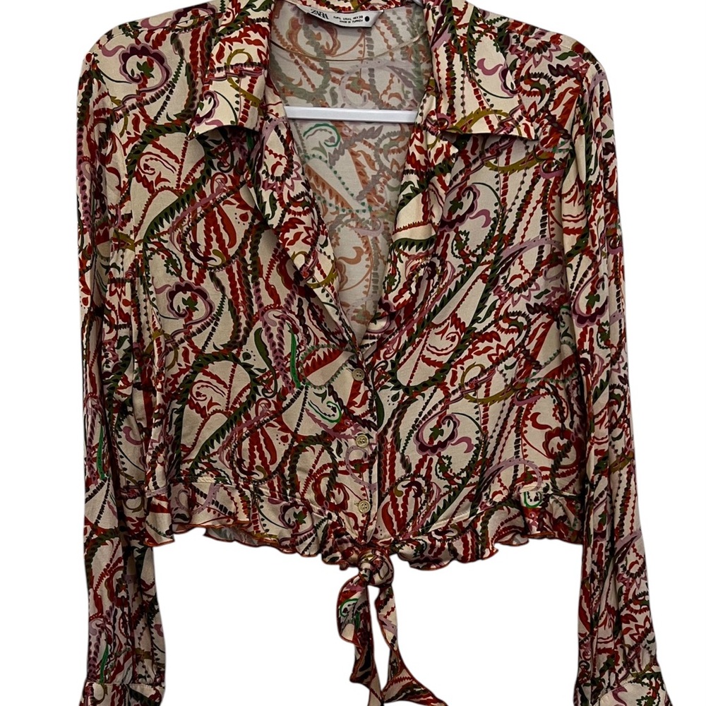 Zara Vibrant Boho Long Sleeve Cropped Blouse with Tie Front and Notched Collar.